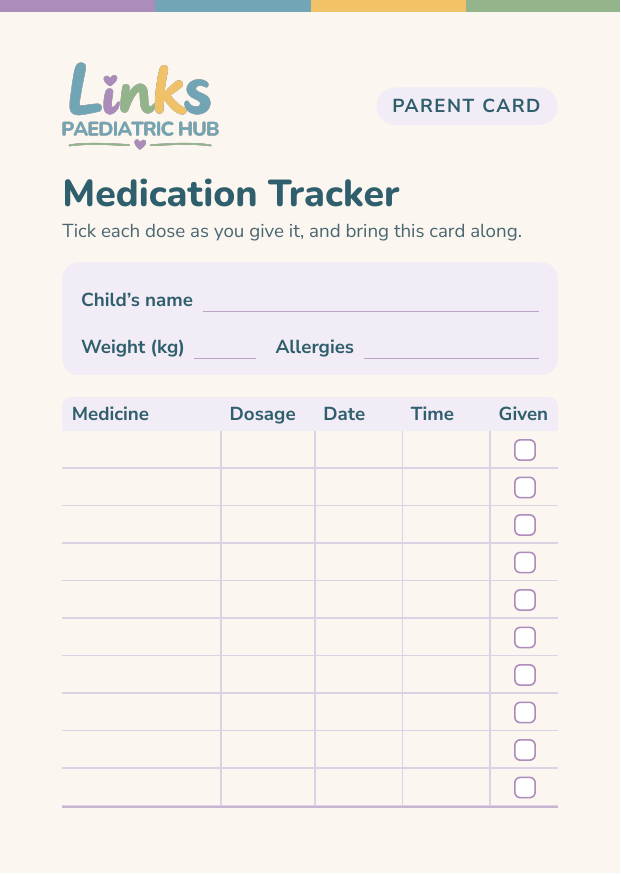 Front of the Medication Tracker card, with columns for medicine, dosage, date and time