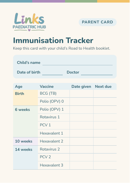 Front of the Immunisation Tracker card, listing vaccines by age
